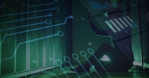 Crouching Technician Checking Server Racks with Digital Overlay