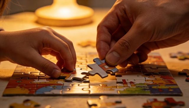 Adult guiding child assembling colorful jigsaw puzzle on wooden table under warm lamp glow