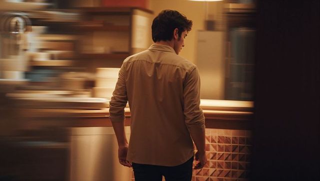 Man standing at kitchen bar facing away warm ambient minimalist interior