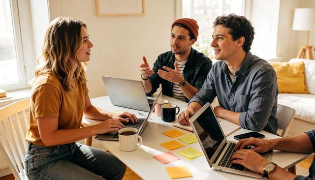 Creative team brainstorming around laptops and sticky notes in bright home coworking space