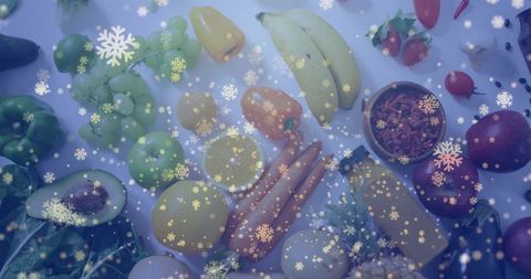 Mixed Fresh Produce with Snowflake Overlay Suggesting Holiday Cooking