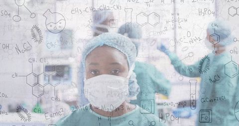 Surgeons in Operating Room with Chemical Formulas Overlay