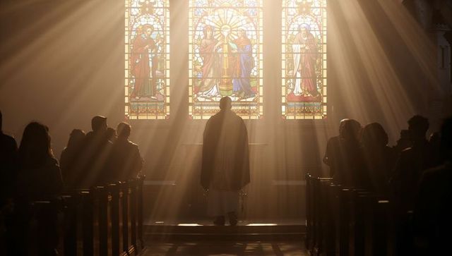 Priest leading worship under sunlit stained-glass windows with golden rays through nave