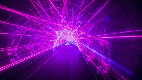 Radiating neon tunnel with triangular wireframe projecting magenta and purple laser beams