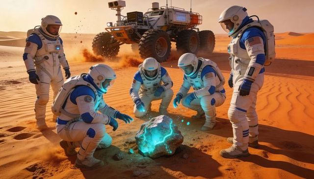 Mars Explorers Discovering Glowing Alien Crystal on Red Dune with Six-Wheeled Rover