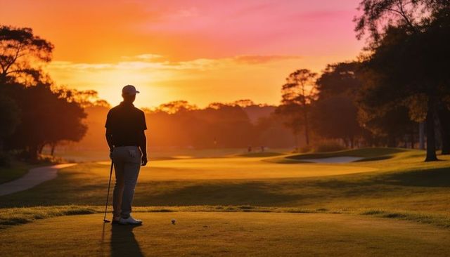 Golfer surveying sunrise fairway on tee preparing swing, silhouette on tranquil course