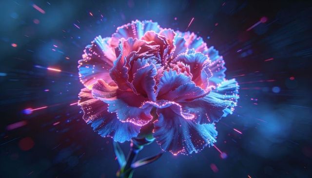 Glowing neon surreal carnation blooming with luminescent particles and bokeh light trails