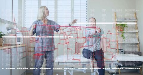 Therapist in Modern Clinic Guiding Patient with Digital Wireframe Overlay