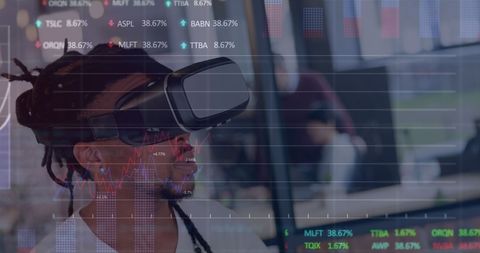 Business Professional Analyzing Financial Data with VR Headset