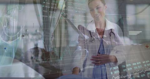 Doctor placing hand on patient bedside with medical data overlays and monitoring tech