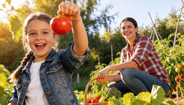 Girl holding tomato, mother harvesting basket of fresh vegetables in sunny backyard garden