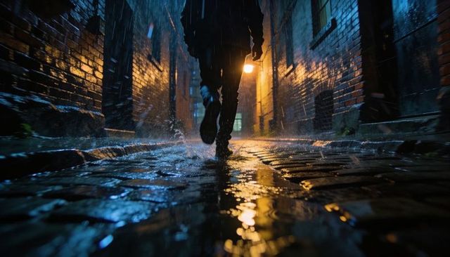 Silhouette running through rain-soaked cobblestone alley at night with lantern glow and reflections