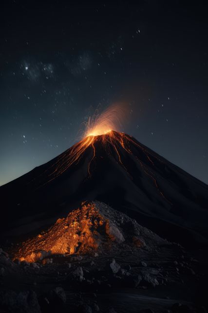 Active volcano erupting with smoke and lava at night, created using generative ai technology. Power in nature, danger and natural disaster concept digitally generated image.