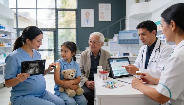 Pregnant healthcare worker holding ultrasound consulting family at pharmacy counter