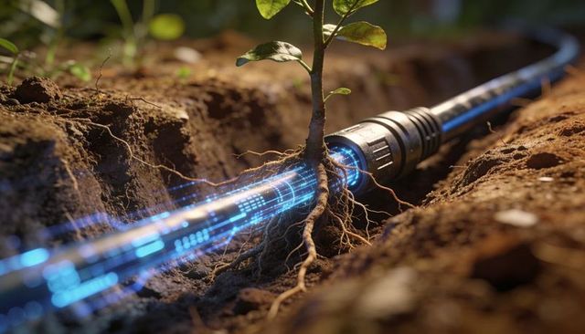 Seedling root connecting with glowing smart irrigation conduit in garden trench