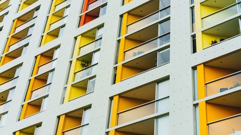 Colorful geometric condo apartment balcony façade