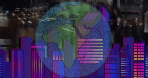 Holographic globe overlaying neon cyberpunk skyline with data bars and wavecity