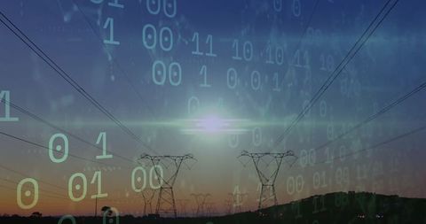 High-voltage towers with binary code at dusk, blending energy and technology