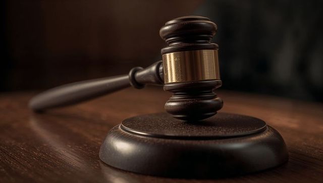 Dark wooden judge gavel with brass band on block closeup for courtroom justice lowkey woodgrain
