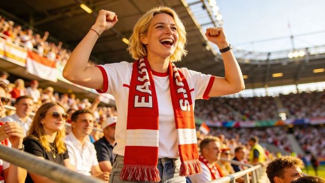 Cheering blonde woman raising fists at stadium wearing red and white scarf amid jubilant crowd