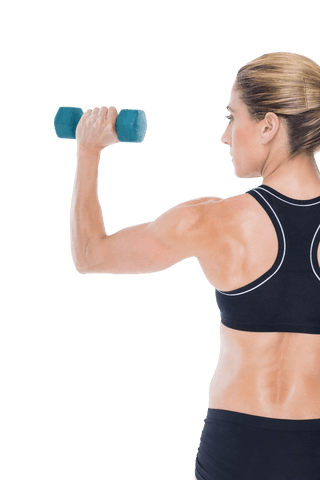 Behind View Female Bodybuilder Lifting Transparent Dumbbell