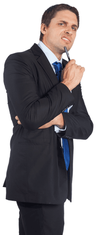 Angry Caucasian Businessman with Suit and Pen on Transparent Background