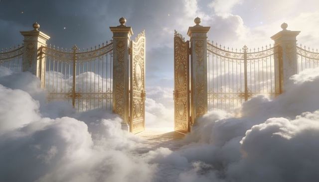 Golden gates opening above clouds, glowing celestial portal with sunbeams and sparkles