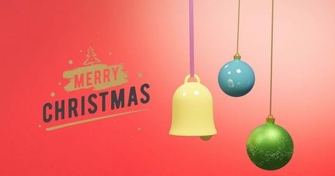 Colorful christmas ornaments on red christmas greeting background