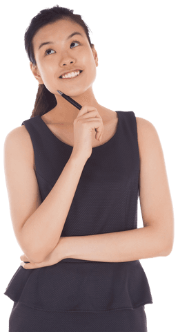 Happy Professional Woman Pondering with Pen on Transparent Background