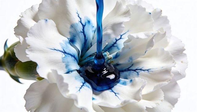 Deep indigo dye pouring into white carnation creating veined blue stain and glossy pool