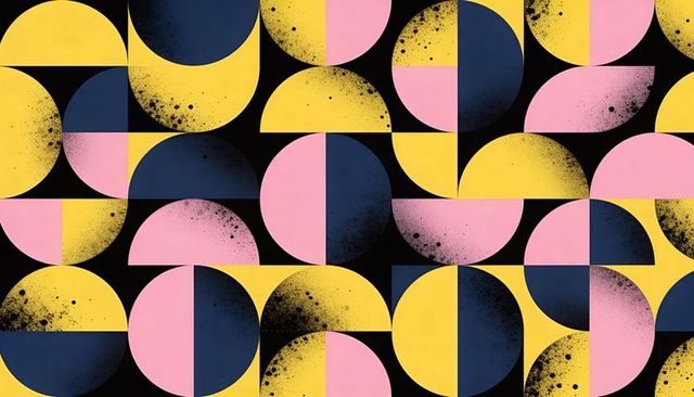 Bold retro geometric seamless pattern with pink yellow navy circles and grunge texture