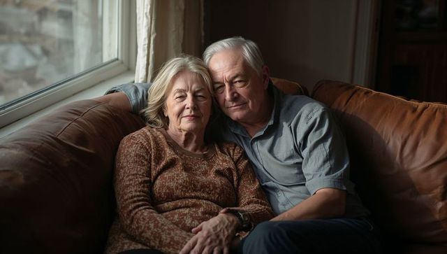 Senior couple sitting close on leather sofa by window showing quiet companionship and warmth