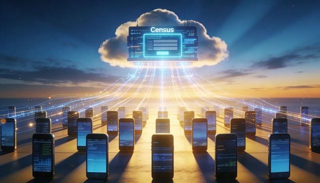 Hovering census cloud sending encrypted data streams to rows of smartphones at sunset