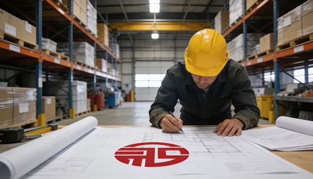 Warehouse worker leaning over blueprints marking structural plans wearing yellow hard hat