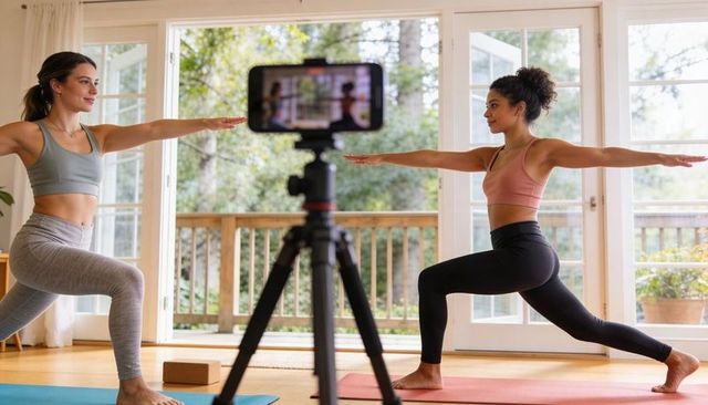 Practicing Warrior II yoga together while filming on tripod phone in bright home studio