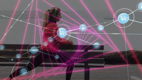 High-Tech Fitness Woman with Digital Network Overlay