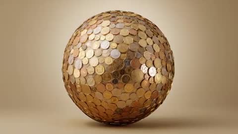 Rotating coin sphere revealing embossed numerals in gold and bronze tones on beige backdrop