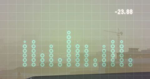 Digitized data chart overlaying urban skyline