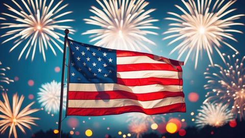 American flag against vibrant night fireworks celebration