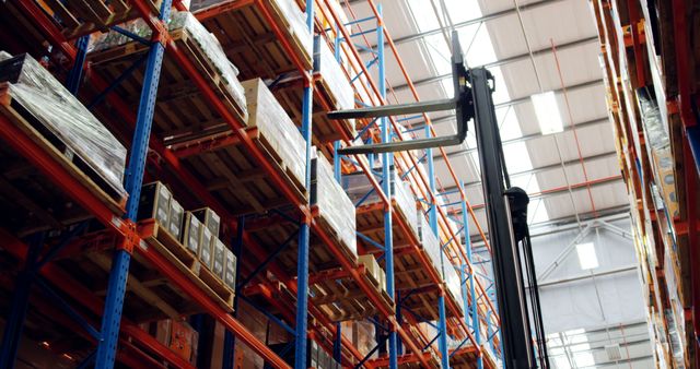 Forklift operating in warehouse lifting goods to high shelving units. Ideal for stock photography related to logistics, supply chain management, warehouse operations, industrial environments, and commercial storage solutions.