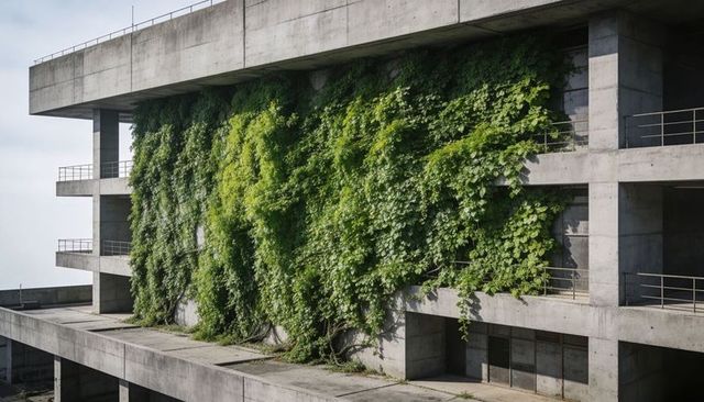 Cascading ivy enveloping brutalist concrete facade with balconies and metal railings