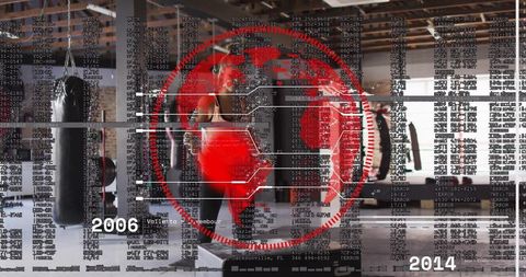 Female boxing trainer in modern gym with digital overlay