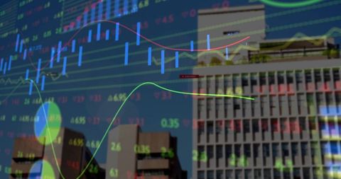 Financial Data Charts Over Modern Urban Skyline