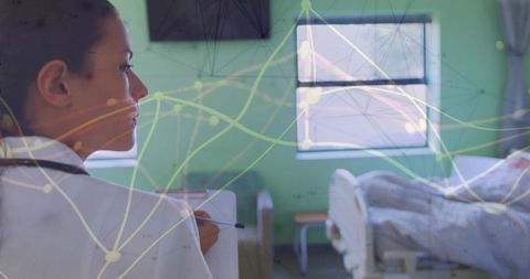 Doctor Supervising Patient in Hospital Room with Monitor Overlays
