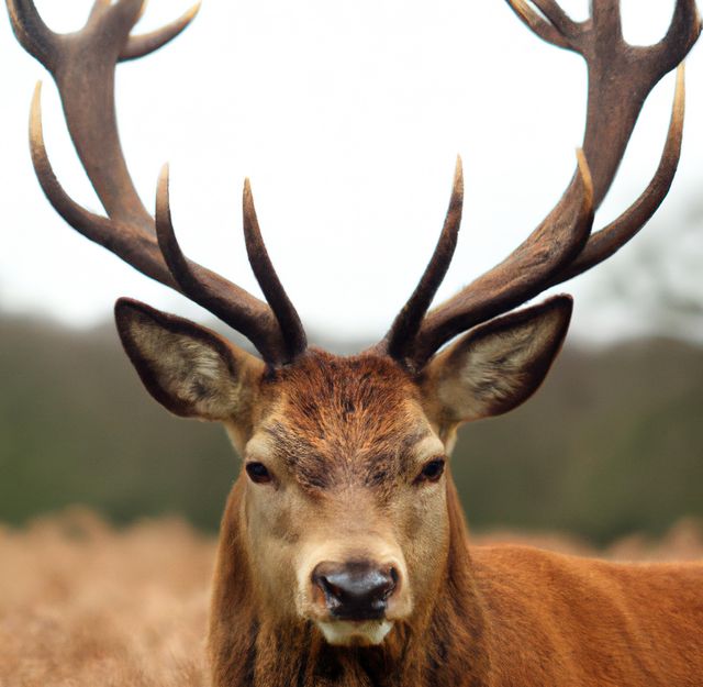 Close-up of a majestic stag with large antlers standing in a forest. Perfect for use in wildlife conservation promotions, educational materials about forest animals, or nature-themed artwork. This image highlights the beauty and grace of wild animals in their natural habitat.