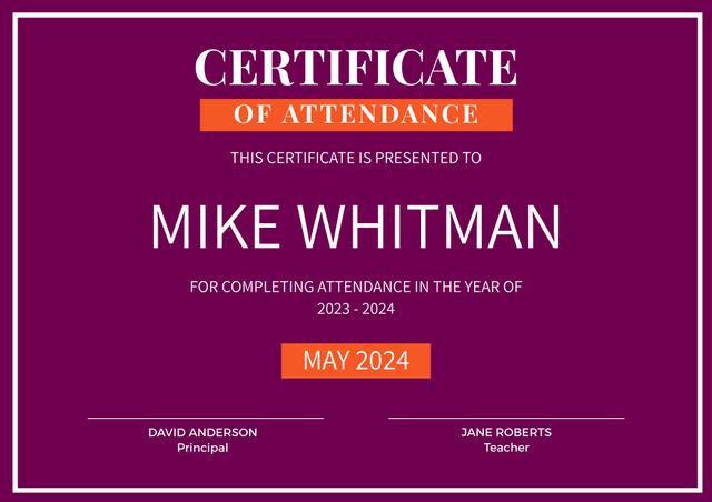 Professional certificate of attendance with elegant typography on amaranth background. Ideal for academic institutions and corporate training programs acknowledging individuals for their commitment to attendance. Customizable template suitable for digital and print purposes.