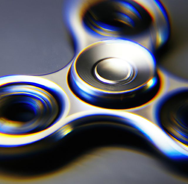 Image of close up of metallic fidget spinner on black background. Playing object and toy concept.