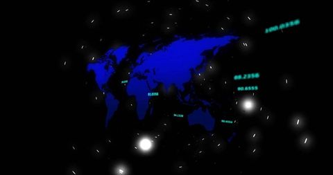 Glowing Blue World Map with Floating Numeric Coordinates on Digital Dashboard