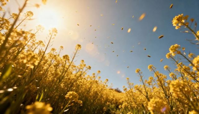 Swaying golden canola field on sunlit slope with falling petals, warm lens flare