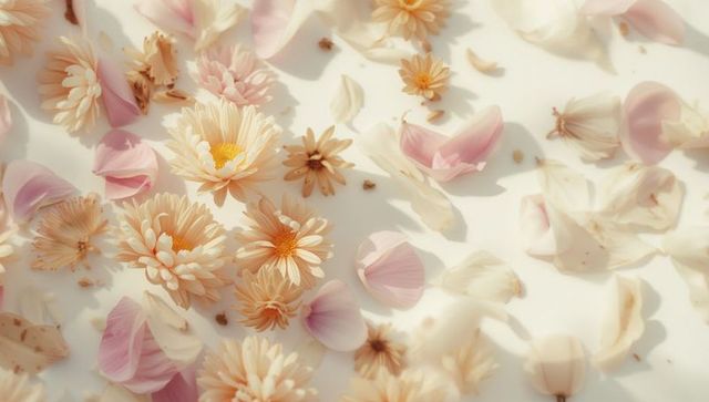 Soft peach chrysanthemum petals scattered on ivory creating pastel floral still life
